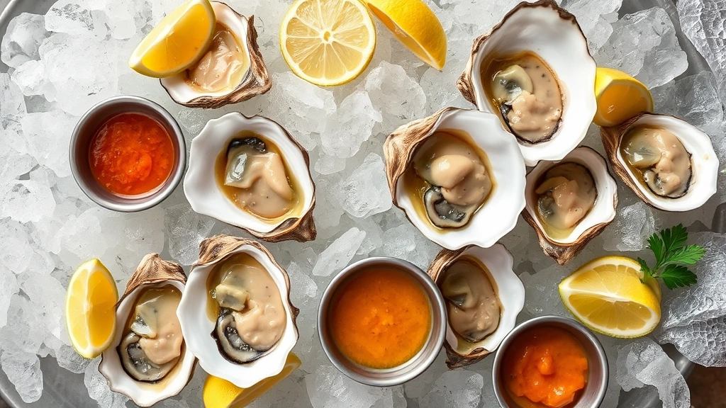 Overhead shot of fresh local oysters on ice with lemon wedges and mignonette sauce, raw bar setting, coastal seafood aesthetic