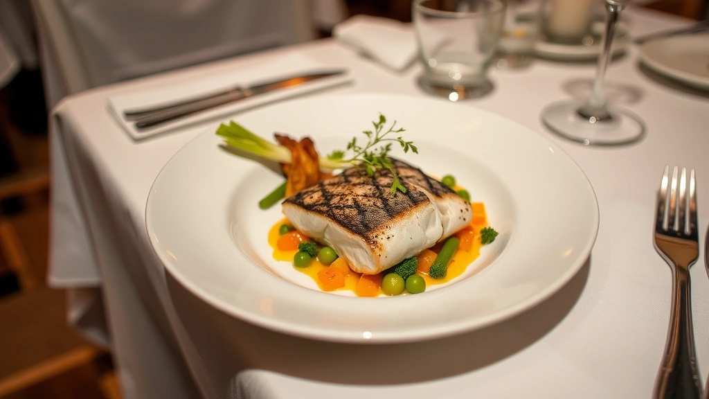 Plated fine dining dish featuring locally-caught fish fillet with seasonal vegetables, artistic presentation, restaurant table setting with white linens