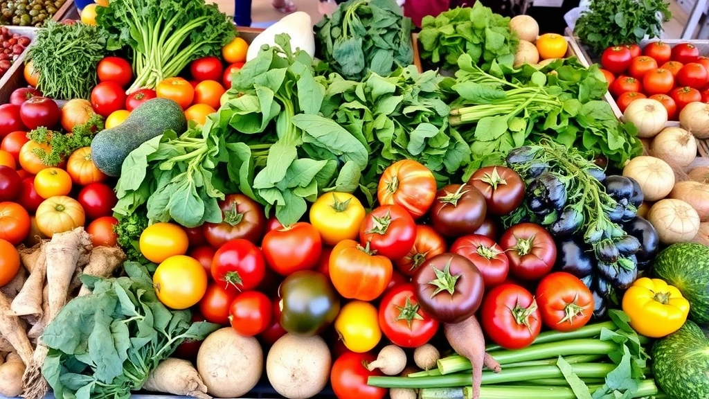 Colorful array of fresh farmers market vegetables including heirloom tomatoes, leafy greens, root vegetables, and herbs at Charleston market stand