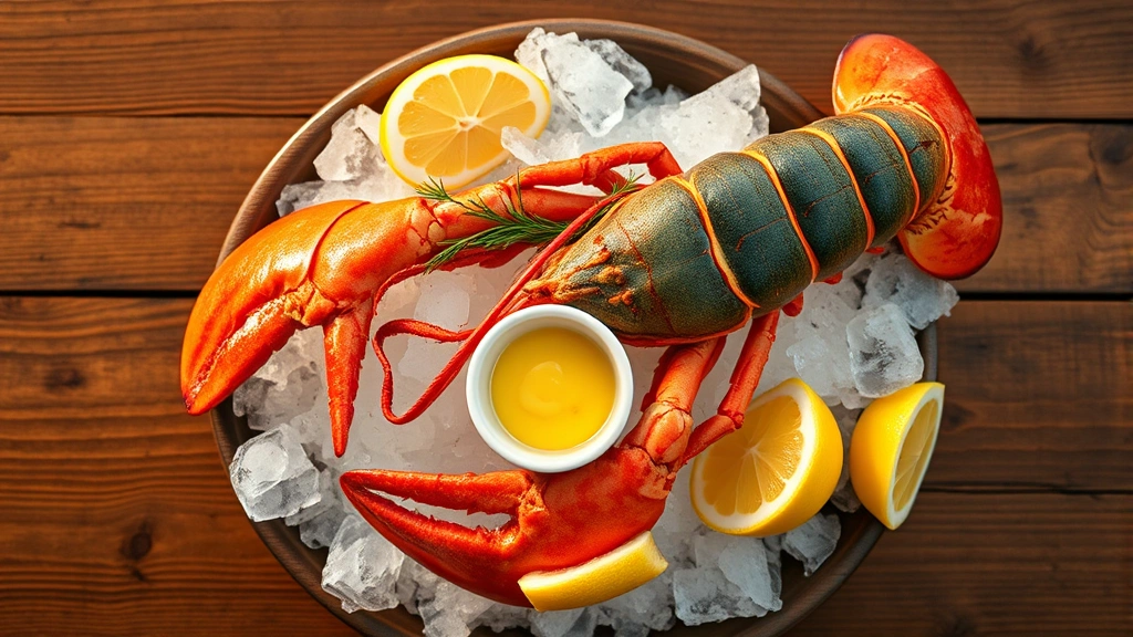 Overhead shot of a pristine Maine lobster on crushed ice with lemon wedges and melted drawn butter in a small ceramic cup, garnished with fresh dill sprigs, rustic wooden table background, golden hour lighting