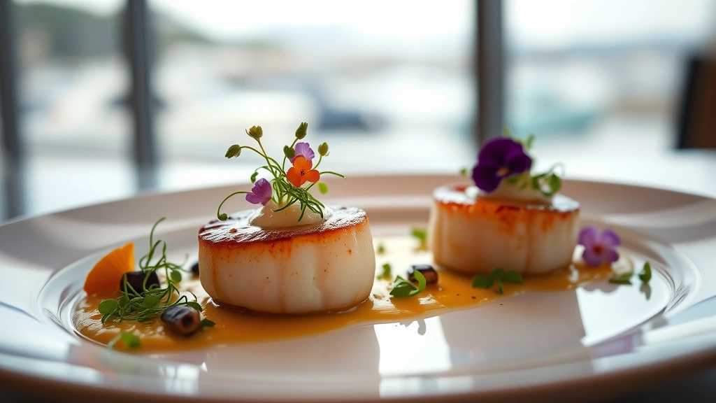 Plated fine dining dish featuring seared scallops with brown butter foam, microgreens, and edible flowers, shallow depth of field, elegant white plate, soft warm lighting, blurred harbor view in background
