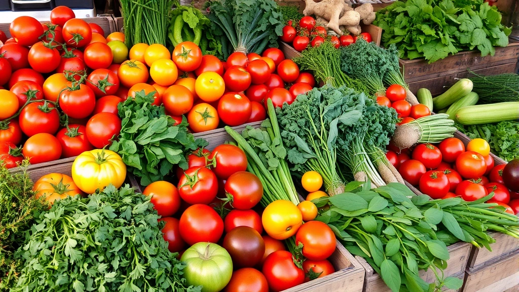 Colorful array of fresh local vegetables at a Maine farmers market including heirloom tomatoes, fresh herbs, root vegetables and greens, natural daylight, rustic wooden crates, vibrant saturated colors