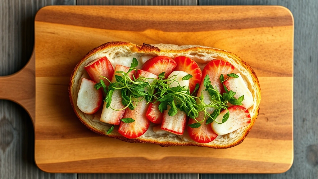 Overhead flat lay of open-faced Danish smørrebrød sandwich with fresh seafood, microgreens, and artisanal rye bread on wooden serving board, professional food photography lighting, restaurant plating style