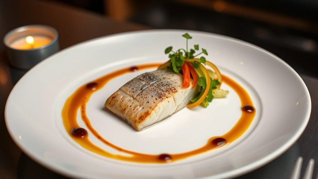Fine dining plated course featuring Nordic ingredients: delicate fish fillet with vegetable garnish, artistic sauce swirls, minimalist white plate, professional kitchen photography, warm ambient lighting
