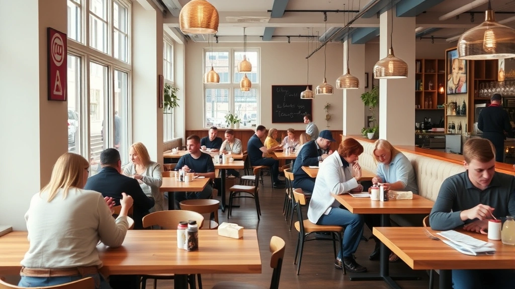 Casual Copenhagen restaurant interior with wooden tables, natural light from large windows, diners enjoying meals, warm Nordic aesthetic, modern Scandinavian design elements, authentic dining atmosphere