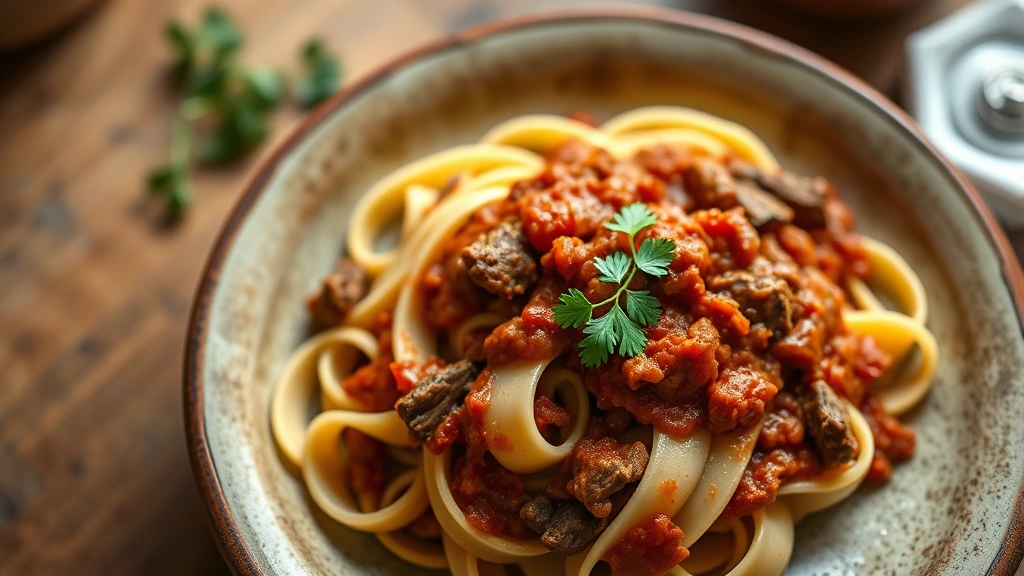 Overhead shot of handmade pappardelle pasta with rich wild boar ragù, garnished with fresh parsley, on rustic ceramic plate, warm Tuscan kitchen lighting, shallow depth of field