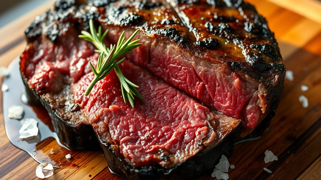 Close-up of perfectly seared bistecca alla fiorentina, blood-rare center, charred crust, grilled rosemary sprig, fleur de sel crystals, wooden cutting board, soft golden hour light