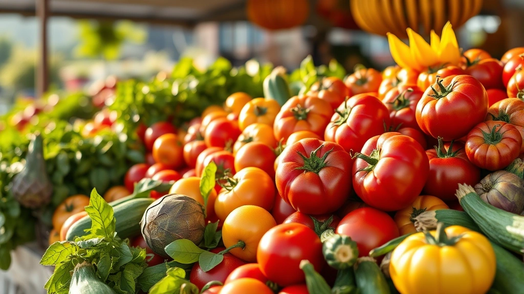 Vibrant farmers market display of heirloom tomatoes in various colors, fresh basil bundles, artichokes, zucchini blossoms, Italian countryside morning light, depth of field blur on background