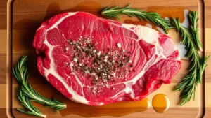 Overhead shot of raw Chianina beef T-bone steak seasoned with coarse salt and black pepper on a wooden cutting board, surrounded by fresh rosemary sprigs and olive oil drizzle, warm golden lighting from above