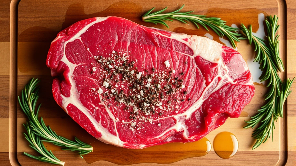 Overhead shot of raw Chianina beef T-bone steak seasoned with coarse salt and black pepper on a wooden cutting board, surrounded by fresh rosemary sprigs and olive oil drizzle, warm golden lighting from above