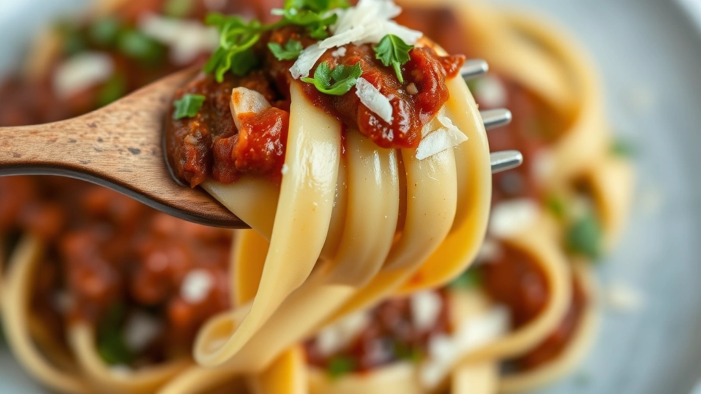 Close-up of handmade pappardelle pasta draped over a wooden fork, covered in rich wild boar ragù sauce, garnished with fresh parmesan shavings and microgreens, shallow depth of field emphasizing pasta texture