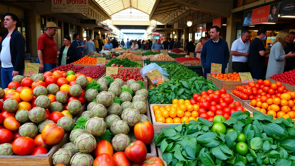 Vibrant market scene at Centrale Market in Florence with vendors arranging fresh produce—colorful heirloom tomatoes, artichokes, leafy greens—in wooden crates, morning sunlight streaming through, bustling but not crowded