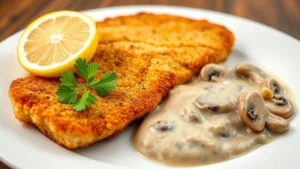 Golden-brown German schnitzel with crispy breading, fresh lemon wedge, and creamy mushroom sauce on white plate, garnished with fresh parsley