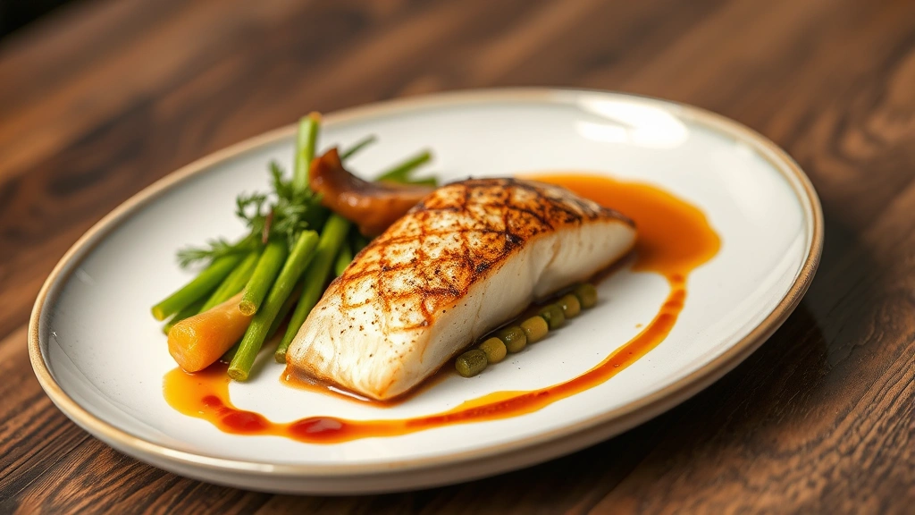 Elegant plated fine dining dish featuring perfectly seared fish fillet, seasonal vegetables, and artistic sauce drizzle on modern ceramic plate
