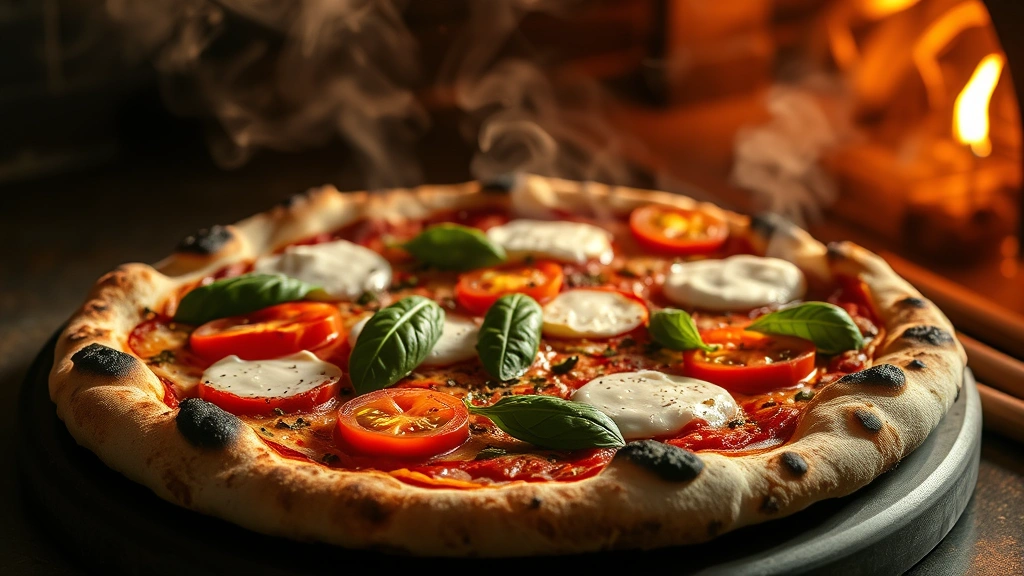 Artisanal wood-fired pizza with charred crust, fresh mozzarella, heirloom tomatoes, and basil leaves, photographed with steam rising from oven