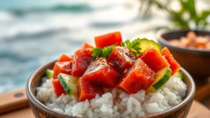 Fresh ahi poke bowl with soy-sesame marinade, served over sushi rice with cucumber, seaweed salad, and sesame seeds, vibrant ruby-red tuna cubes glistening with marinade, tropical ocean backdrop blurred