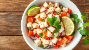 Overhead shot of fresh conch salad in white bowl with lime wedges, cilantro, diced tomatoes and red onions, vibrant natural lighting on wooden table