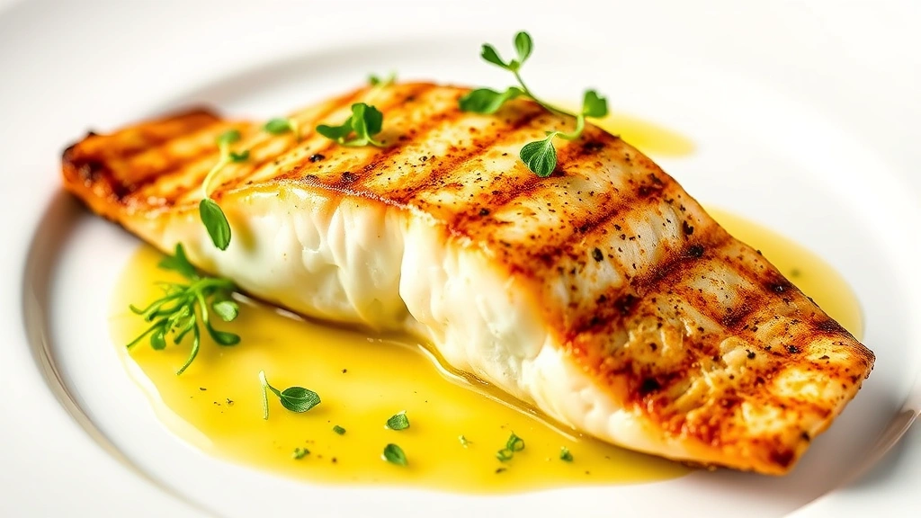Grilled yellowtail snapper fillet with crispy skin, served on white plate with citrus beurre blanc and microgreens, professional restaurant plating