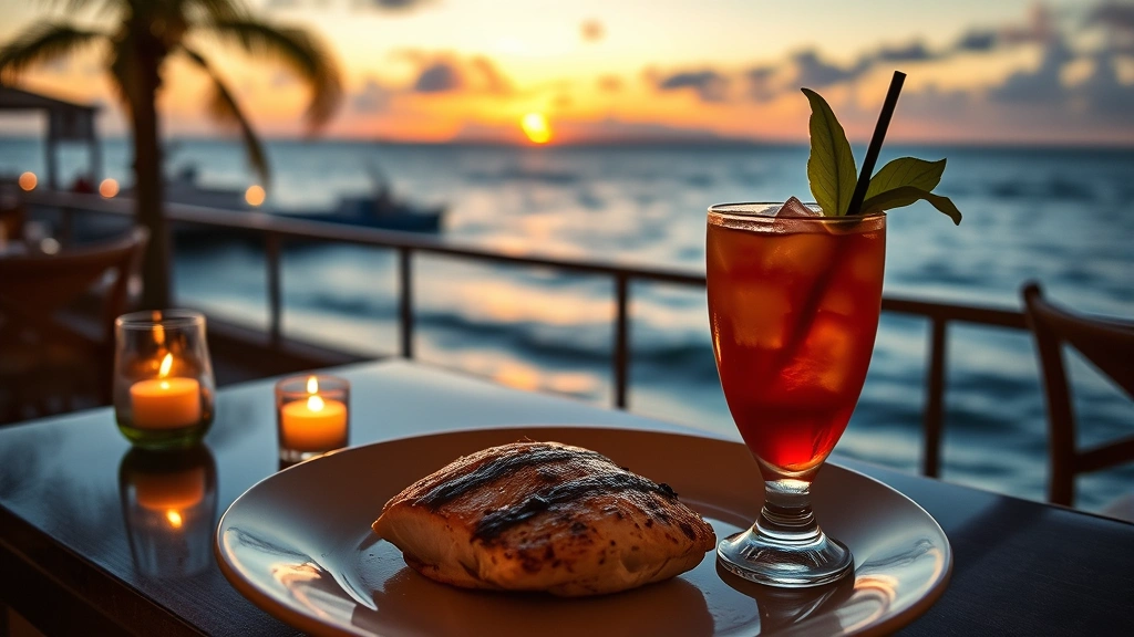 Sunset view of waterfront dining with grilled mahi-mahi, tropical cocktail with rum, ocean horizon backdrop, candlelit table setting