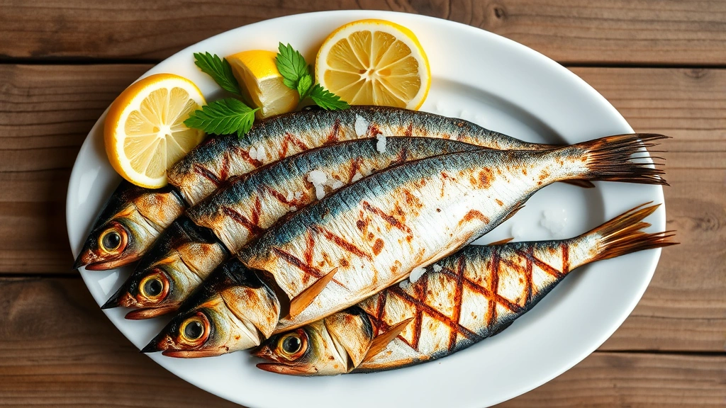 Overhead shot of traditional Portuguese grilled sardines with charred skin, fresh lemon wedges, and sea salt crystals on white ceramic plate, rustic wooden table background, natural Mediterranean lighting