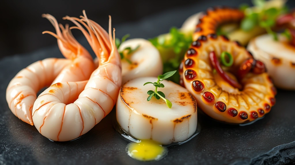 Close-up of delicate seafood platter featuring langoustines, scallops, and grilled octopus tentacle with caramelized edges, garnished with microgreens and citrus foam, professional fine dining presentation on dark slate