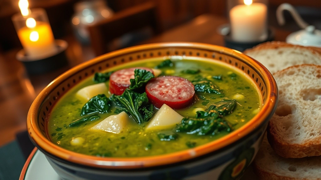 Vibrant bowl of traditional caldo verde soup with deep green kale, creamy potato base, and sliced smoked sausage floating on surface, crusty bread beside, warm candlelit restaurant ambiance, Portuguese ceramic bowl