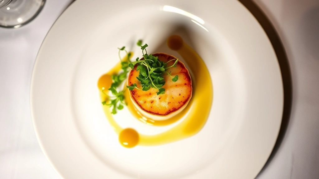 Overhead view of an elegantly plated Michelin-starred dish featuring perfectly seared scallop, microgreens, and delicate sauce drizzle on white porcelain, fine dining presentation with soft ambient lighting