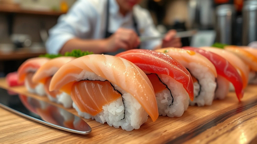 Close-up of fresh sushi nigiri pieces on a wooden counter, showing expert knife work, pristine fish quality, and perfectly formed rice, authentic Japanese sushi bar setting with blurred chef in background