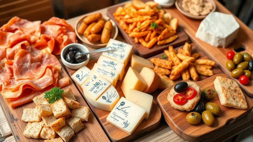 Vibrant tapas spread featuring jamón ibérico, patatas bravas, pan con tomate, marinated olives, and various Spanish cheeses on rustic wooden boards with natural Mediterranean lighting