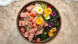 Overhead view of vibrant poke bowl with diced ahi tuna, sesame seeds, seaweed salad, and edible flowers on a ceramic plate, beach background softly blurred