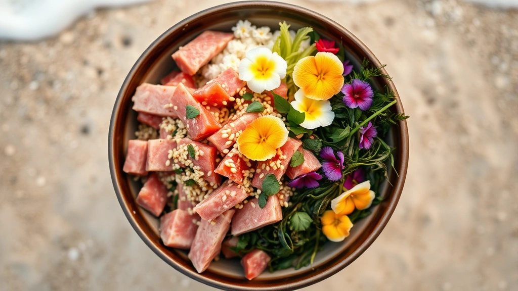 Overhead view of vibrant poke bowl with diced ahi tuna, sesame seeds, seaweed salad, and edible flowers on a ceramic plate, beach background softly blurred