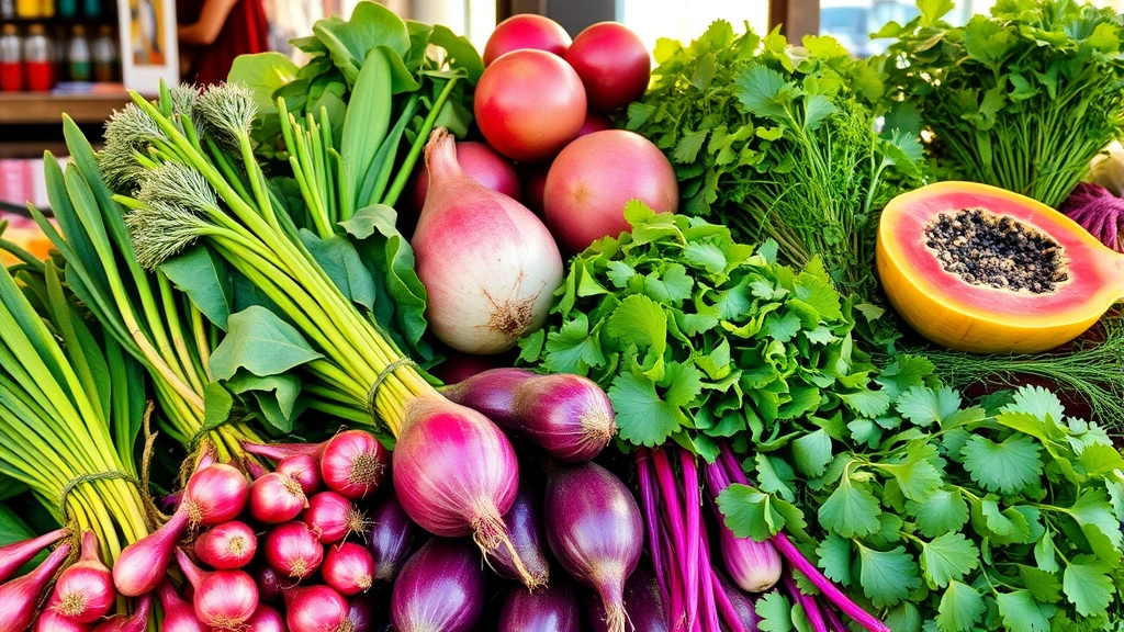 Colorful farmers market display of Maui vegetables including red onions, purple taro root, green papaya, and tropical herbs with natural sunlight