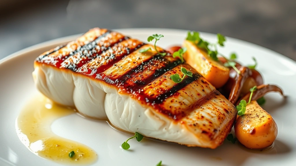 Grilled fresh mahi-mahi fillet with crispy skin, accompanied by roasted root vegetables and microgreens, plated on white ceramic with light steam rising