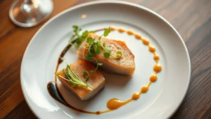 Overhead view of elegant fine dining platter with precisely arranged protein, microgreens, and artistic sauce swirls on white ceramic plate, soft warm lighting, shallow depth of field, professional culinary presentation