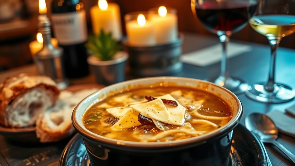Rustic French bistro table setting with steaming bowl of French onion soup topped with melted Gruyère cheese, crusty bread beside, candlelit ambiance, wine glass in background, cozy intimate atmosphere