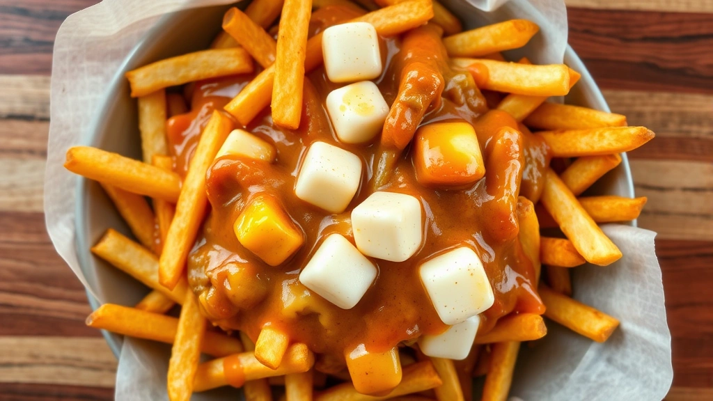 Vibrant overhead shot of colorful Montreal poutine with crispy fries, cheese curds, and rich gravy, steam rising, casual diner aesthetic, natural daylight, appetizing food photography