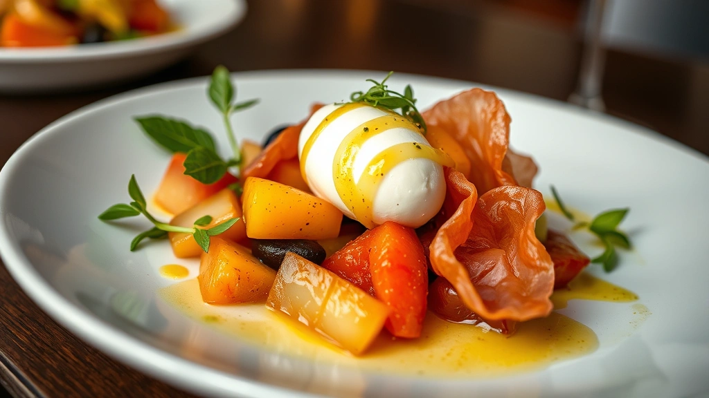 Close-up of a beautifully plated California cuisine dish featuring compressed stone fruit, creamy burrata cheese, crispy prosciutto, and citrus vinaigrette garnish, professional restaurant plating, warm natural lighting