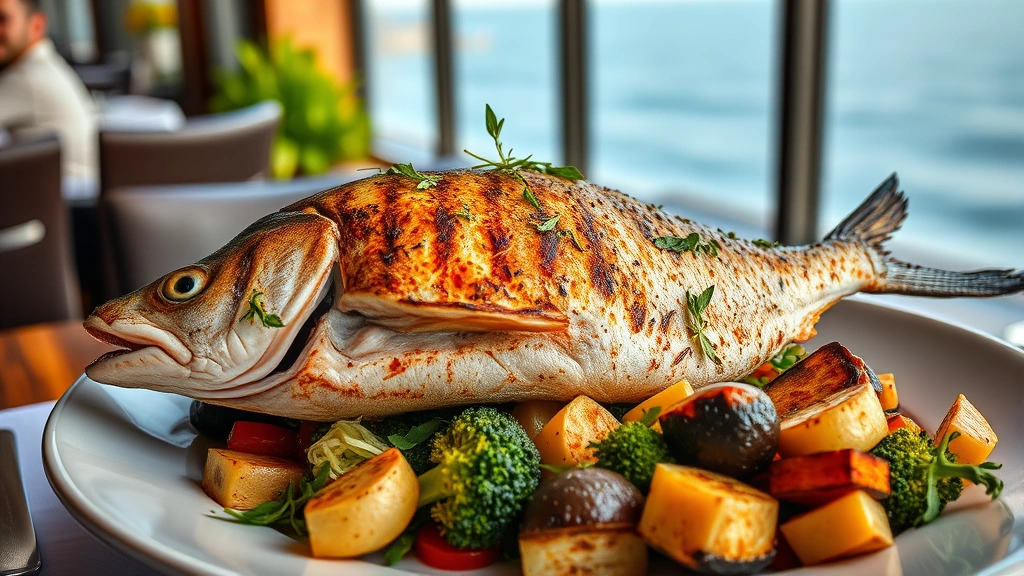 Grilled whole Mediterranean branzino with charred skin, roasted seasonal vegetables including broccolini and fennel, fresh herbs, ocean-view restaurant setting background, professional food photography