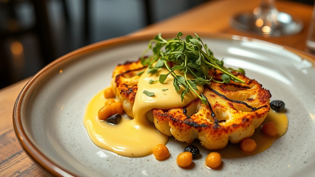 Charred romanesco cauliflower steak with miso beurre blanc sauce, crispy chickpeas, black garlic pieces, and microgreens, rustic plating on ceramic plate, warm restaurant lighting, shallow depth of field