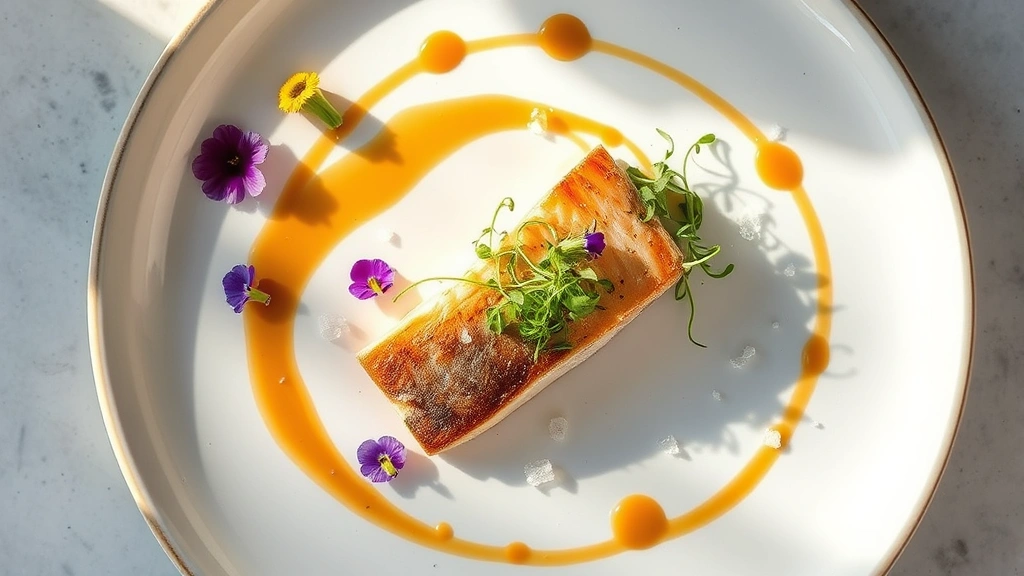 Overhead view of an elegantly plated fine dining dish featuring seared fish, microgreens, and artistic sauce drizzle on white ceramic plate in soft natural light, garnished with edible flowers and sea salt crystals