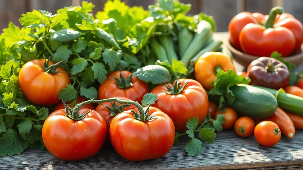 Farm-fresh heirloom tomatoes, vibrant leafy greens, and seasonal vegetables arranged on weathered wooden surface with morning dew, showing natural sunlight creating shadows, rustic farmstand aesthetic
