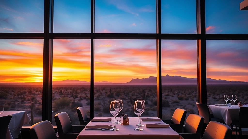 Sunset desert landscape visible through large modern restaurant windows, table set with wine glasses and white linens, warm golden hour light streaming across minimalist dining space with mountain silhouettes