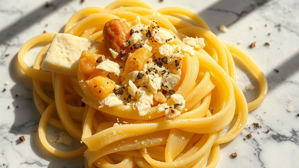 Close-up of handmade fresh pasta with golden guanciale fat glistening, Pecorino Romano cheese shavings, and black pepper, shot from above with natural window light creating shadows on marble surface
