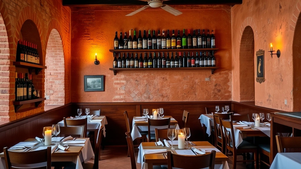 Rustic Italian trattoria interior with weathered terracotta walls, vintage wine bottles on shelves, candlelit wooden tables set with white linens, soft warm lighting from wall sconces