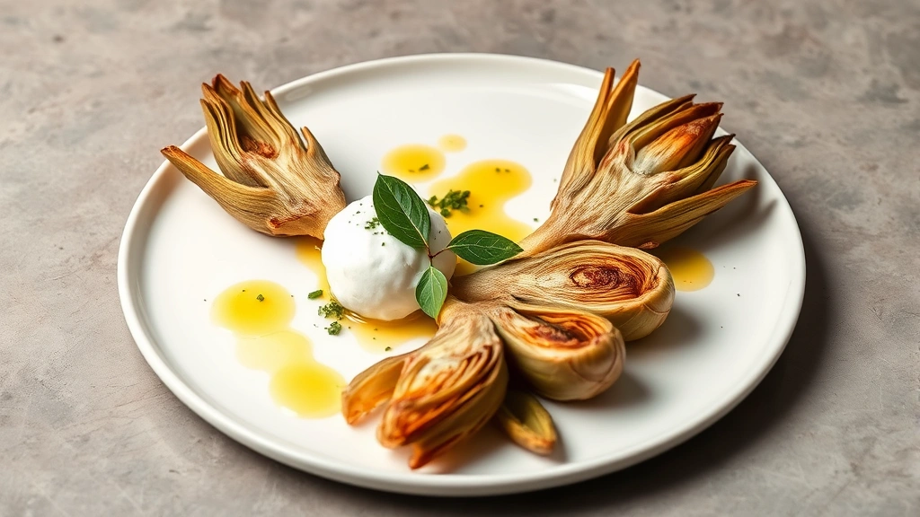 Artistic plating of deconstructed carciofi alla romana with artichoke hearts, crispy sage leaves, garlic foam, and herb oil on white ceramic plate with minimalist presentation