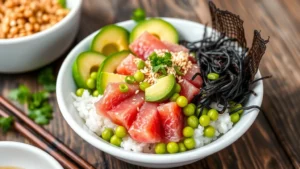 Vibrant poke bowl with sushi-grade ahi tuna, avocado, edamame, sesame seeds, and seaweed salad arranged on white ceramic, fresh garnish, natural lighting