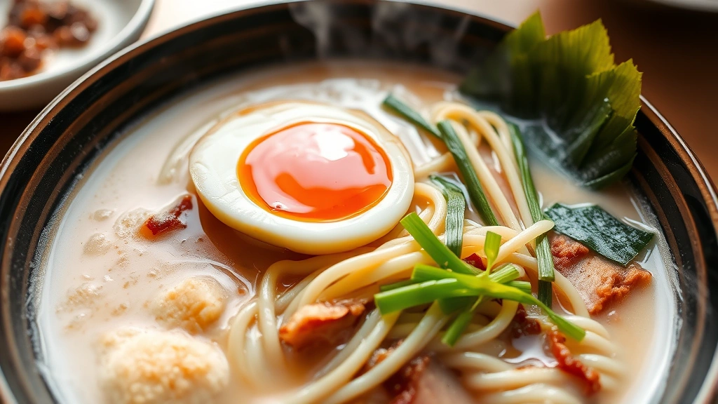 Steaming bowl of tonkotsu ramen with creamy pork bone broth, springy noodles, soft-boiled egg with jammy yolk, chashu pork slices, bamboo shoots, fresh scallions