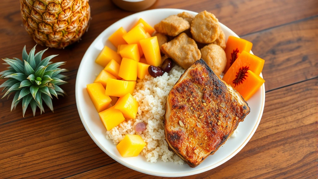 Colorful Hawaiian plate lunch with kalua pork, macadamia nut crusted fish, steamed taro, jasmine rice, fresh pineapple and papaya, wooden table setting