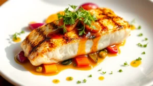 Fresh grilled mahi-mahi fillet with crispy skin, pan-seared to golden perfection, topped with passion fruit glaze and surrounded by colorful seasonal vegetables and microgreens on a white ceramic plate, professional restaurant plating, warm natural lighting