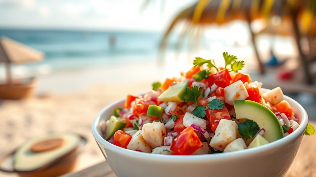 Vibrant conch salad in a white bowl with diced tender conch, lime-citrus juice, fresh diced tomatoes, red onions, jalapeños, and avocado chunks, garnished with cilantro, tropical beach setting in soft afternoon sunlight